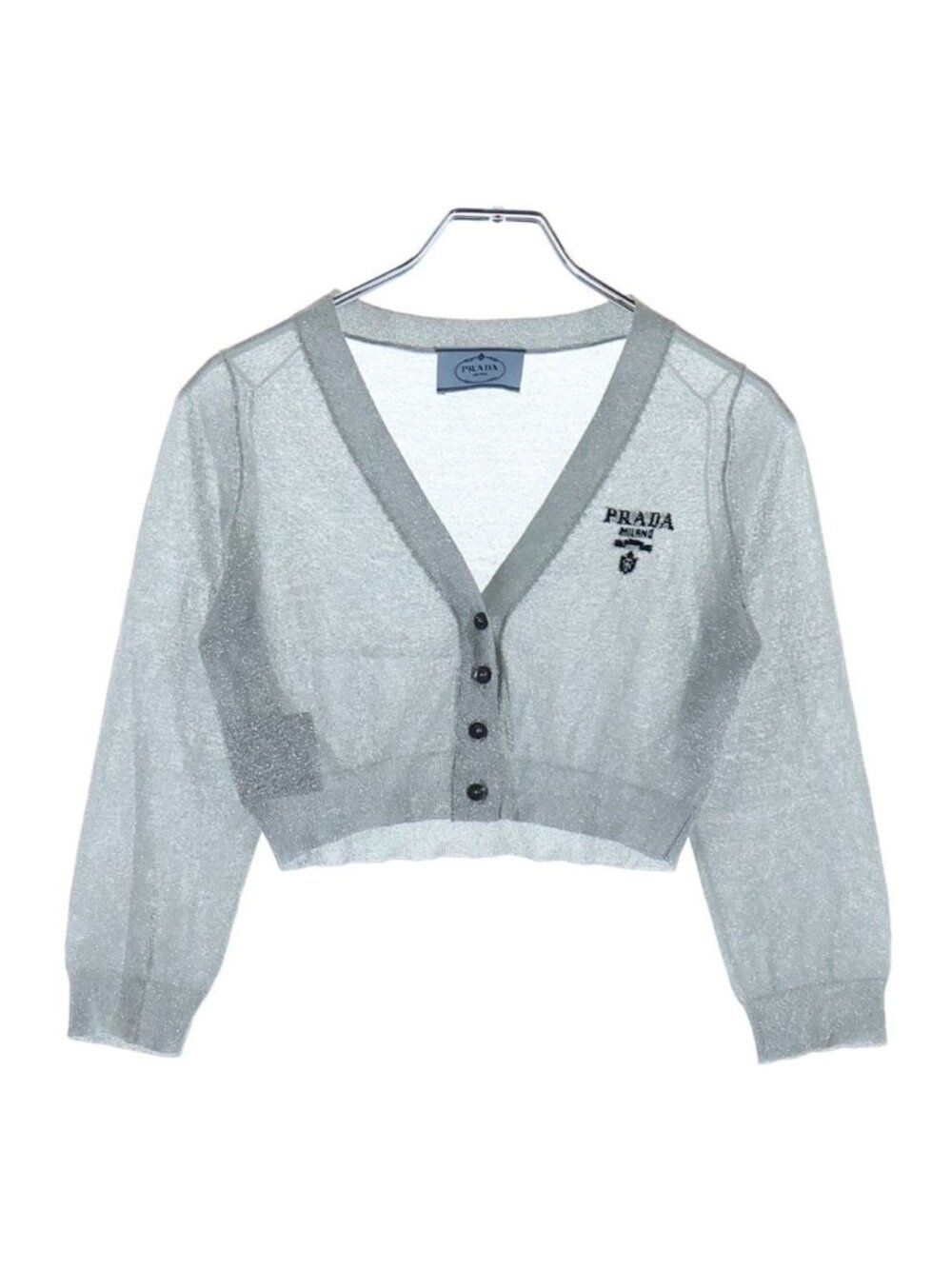 Prada Cropped Glitter Knit Cardigan Mid Length Silver 36
